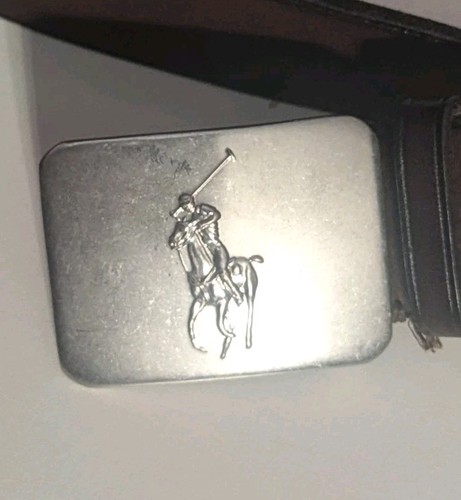 Polo Ralph Lauren cintura pelle marrone placca argento uomo 36 nuova con etichetta - Foto 2 di 6