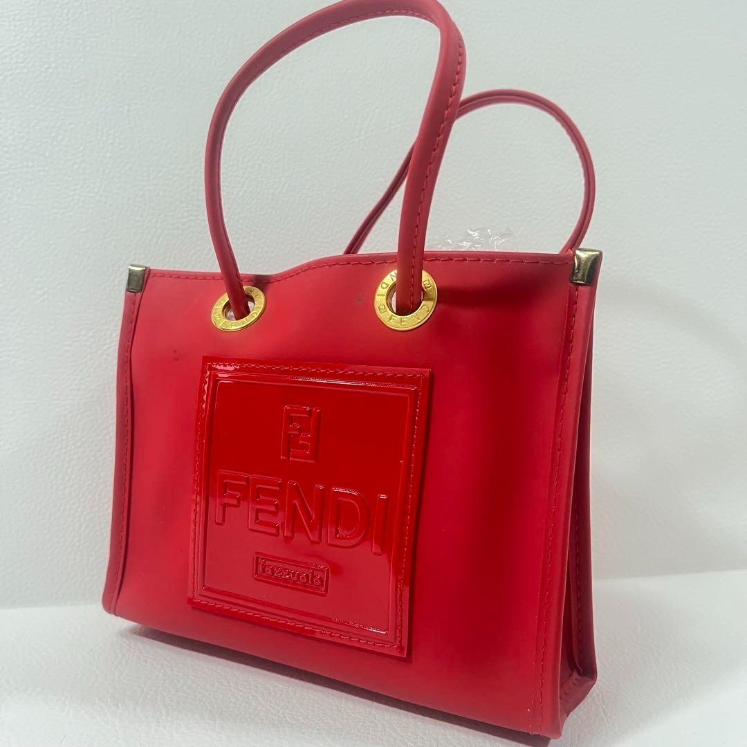 FENDI FF Red Enamel Rubber Tote Bag Hand Pouch Authentic Luxury