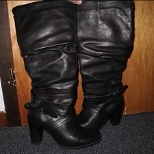 Bronx Damen Kniehohe Lederstiefel Schwarz Blockabsatz Schleife Reißverschluss 38