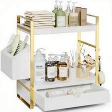 2-Tier Bathroom Counter Organizer with Drawer and Basket, Wood Countertop