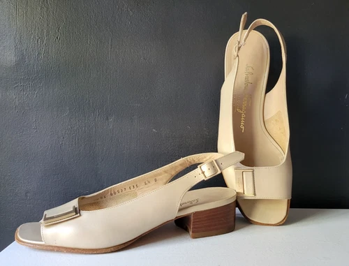 FERRAGAMO BEIGE PEARLIZED LEATHER OPEN TOE SLING BACKS Pristine Condition