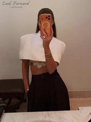 Women Cropped Cape Top Elegant Stand Collar Shoulder Pad Shawl Evening Outwear
