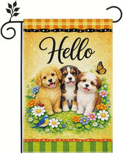 Puppy Garden Flag Hello Outdoor Garden Flag Cute Dogs Floral Decorative Flag Dou