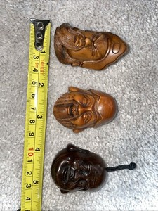 Japanese Netsuke Set Wooden Faces Emperor Buddha Set of 3 Boxwood