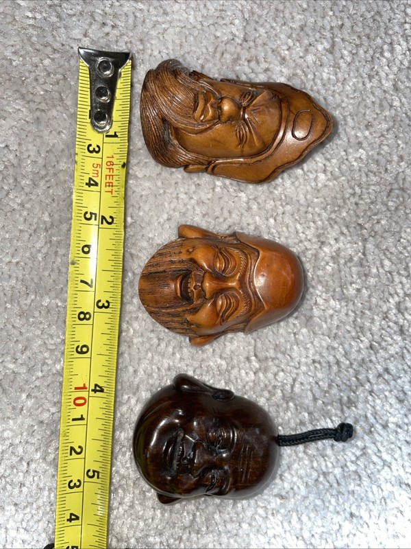Japanese Netsuke Set Wooden Faces Emperor Buddha Set of 3 Boxwood