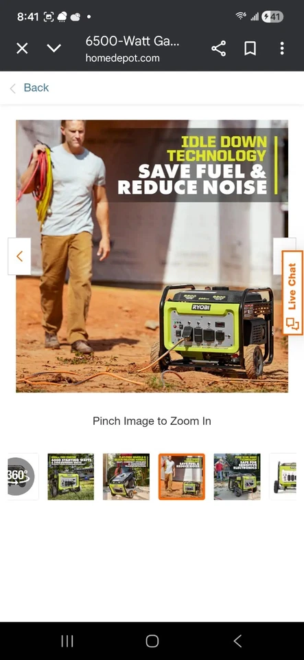 Generador portátil a gasolina RYOBI 6.500 vatios con sensor de apagado de CO Foto 2 de 4