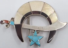 Gilbert Quam Zuni Sterling Silver Assorted Stone SHRINERS Inlay Belt Buckle
