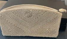 Cream Faux Pearl Beaded Clutch Purse Flower Design Zipper Evening Bag