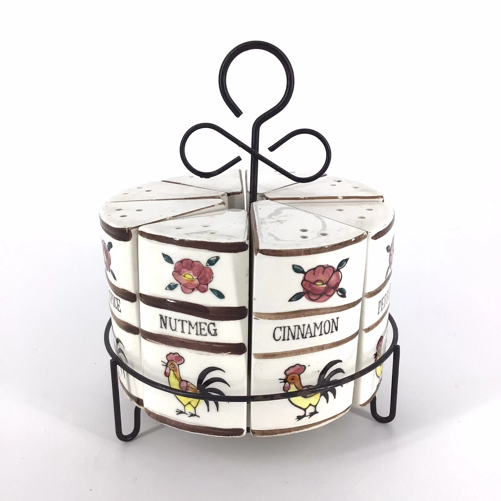 Vintage Rooster Wire Spice Rack Set Of 8 With Holder Ceramic Shaker Japan