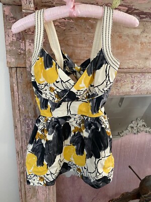 Anthropologie Viola Peplum Floral Yellow Black Grey Cotton Bow Blouse Size 4 EUC
