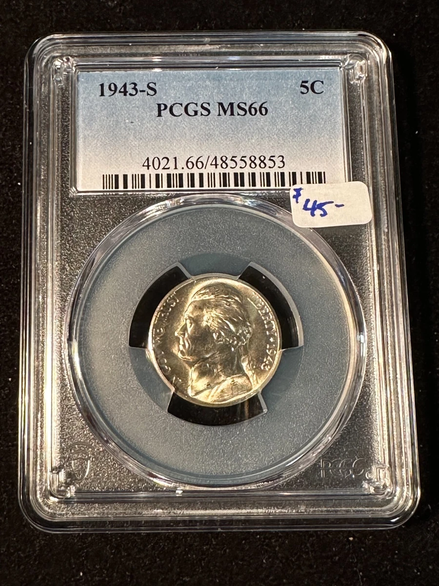 PCGS Certified MS 66 Graded 1943 Year US Jefferson Nickels (1938