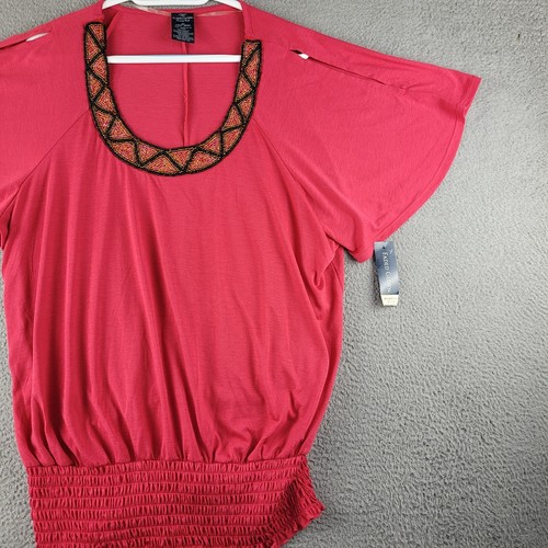 Faded Glory Shirt Womens 2X Pink Blouse Scoop Neck Beaded Pleated Elastic Hem - Picture 5 of 10