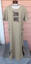 HANDPRINTED Maxi Dress Sz L 2 POCKETS Khaki Mauve Side Slits Easy Care COOL CUTE