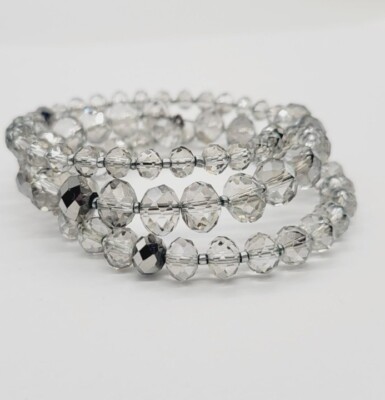 Grey Crystal Beaded Bracelet Faceted Snake Wrap around Silver tone Vintage