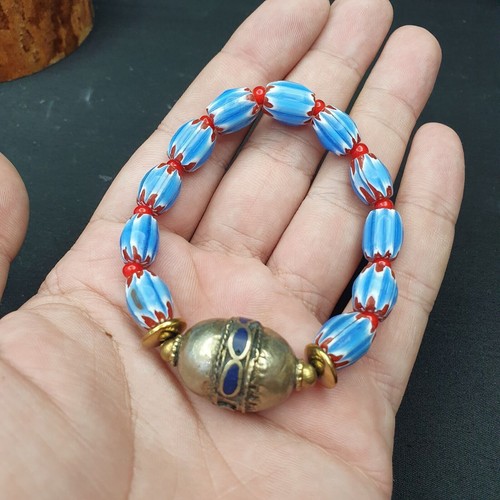 Vintage blue chevron African Glass beads with Beautiful Afghan old bead Bracelet - Picture 4 of 7