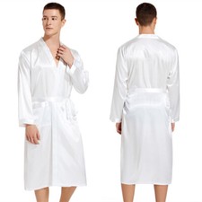 UK Men Long Satin Silk Pajamas Kimono Bathrobe Robe Dressing Gown Pjs Loungewear