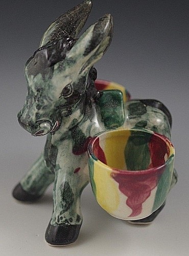 DONKEY 1950s POTTERY WITH TWO SIDE BUCKETS TOOTHPICK HOLDER FIGURINE MADE JAPAN  - Picture 1 of 6
