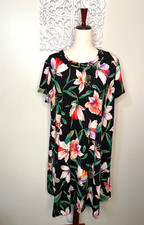 POOF! size 2X Swing Dress Short Sleeves BLACK Floral Day Lilies Lily ? Print USA