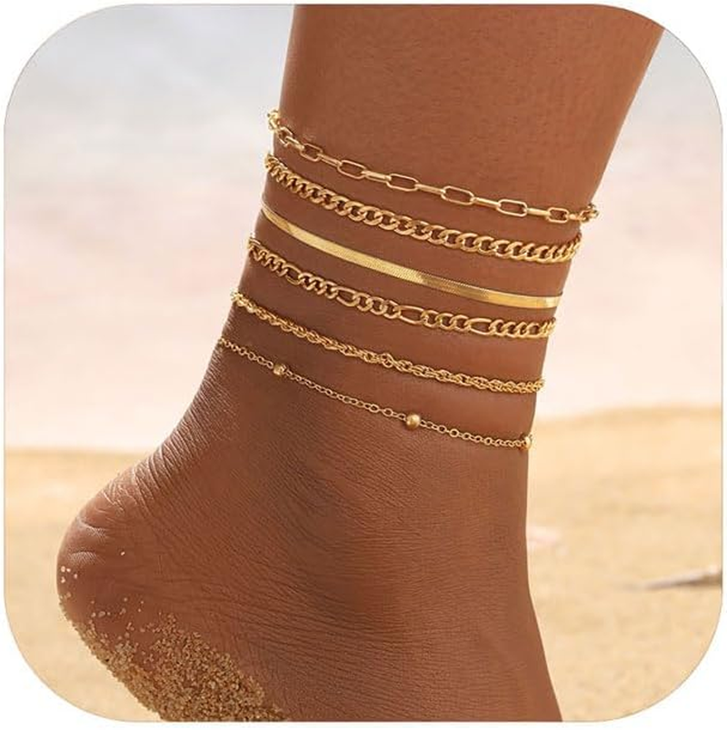 14K Gold Plated Dainty Layered Cut Ankle Bracelet for Women