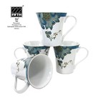 222 Fifth ELIZA - TEAL 10oz Mug Set 4Pc Aqua Blue Floral Paisley Porcelain Mint