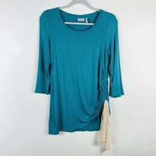 Logo By Lori Goldstein Size XXS Green Ruched Side Tie Top 3/4 Sleeve Scoop Neck