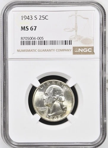 1943-S Washington Quarter 25C NGC MS 67 - SUPERB GEM - Silver War Era Coin