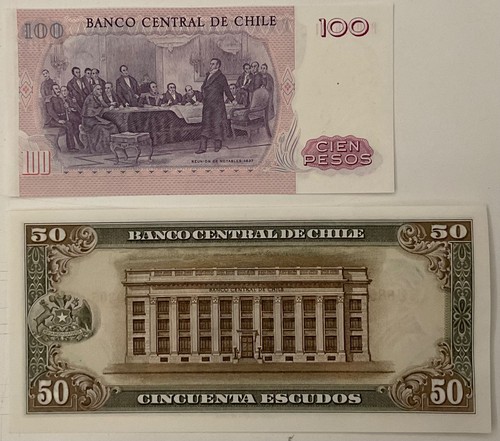 50 ESCUDOS - 100 PESOS BANCO CENTRAL DE CHILE 2 BANCONOTE CARTAMONETA CILE - Imagen 4 de 6