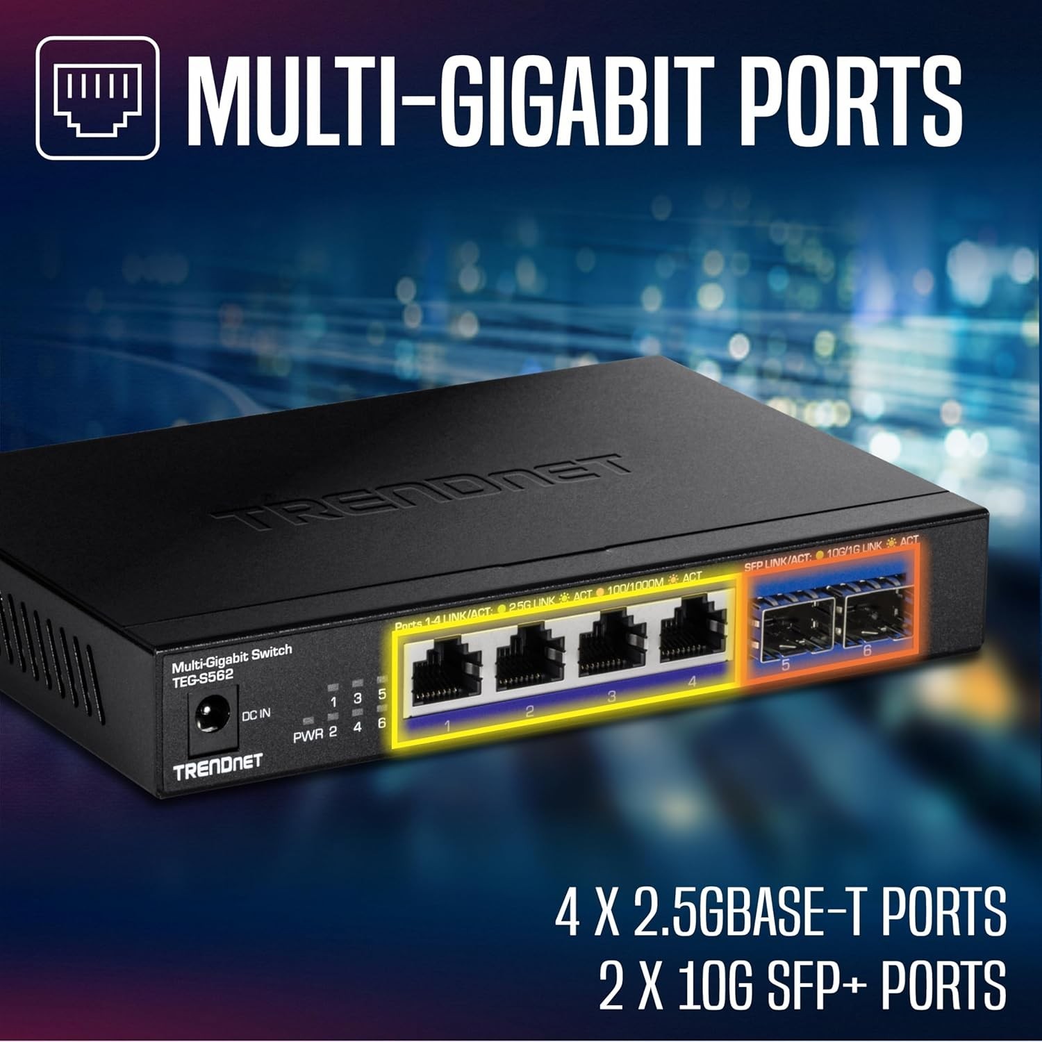 6-Port Unmanaged Multi-Gig Switch, 4 x 2.5GBASE-T Ports, 2 x 10G SFP+ Ports F...