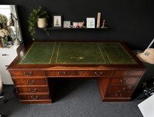 Dark Wood Executive Pedestal Desk Green Leather-Style Top antique, vintage