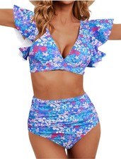 Womens Med Floral Ruffled Bikini Set Tropical High Waist Two-Piece Swimsuit Blue