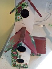 Vintage 11" Wooden Birdhouse Hand Painted Strawberies and Flowers - Tole style