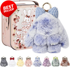 Blue Bunny Plush Keychain Soft Cute Key Chain Gift Tin Box Bag Accessory - US