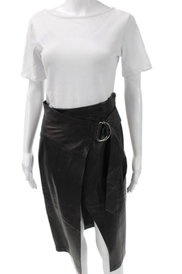 Pierre Balmain Womens Black Real Leather Pencil Wrap Knee Length Skirt Size 36
