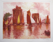 Vintage Original French Etching w/ Aquatint -- "La Rochelle" Port with Sailboats