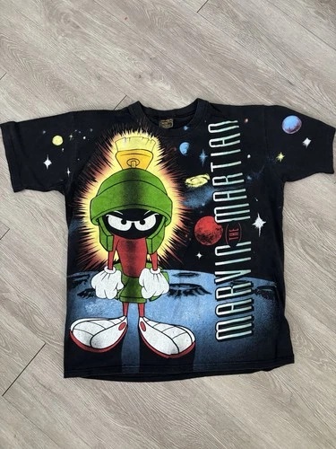 90s Marvin The Martian AOP T-Shirt Looney Tunes L Black 1990s vintage concert t-shirt, vintage, single stitch, B+ condition