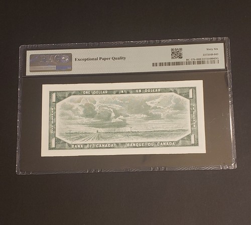 RARE SOLID (3's) SERIAL # 1954 Bank of Canada $1 Banknote.PMG Graded GEM UNC-66. - Picture 2 of 2