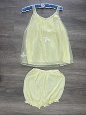 Vintage 1960s Babydoll Nightgown Lingerie Bloomer Set Pastel Yellow Sheer Medium