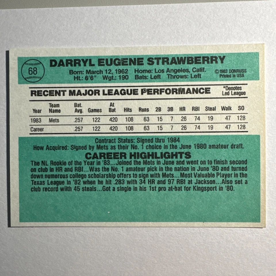 1984 年 Donruss Darryl 草莓新秀卡 #68 NM-MT 纽约大都会队漂亮 RC 卡 — 第 2/2 张图片
