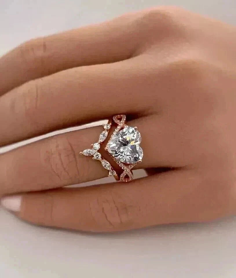 2CT Heart Lab Created Diamond Women's Engagement Ring Set 14K Rose Gold Plated - Image 4 of 4