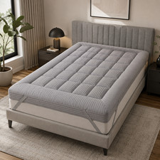 Full Size Mattress Pad, 4 Inch Extra Thick Quilted Pillow Top, Plush Gray Stripe