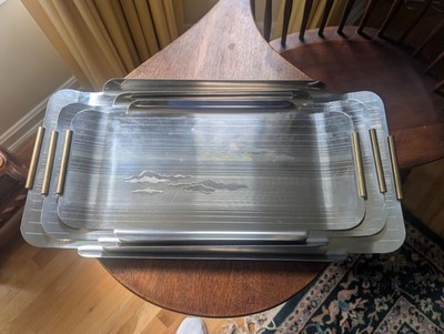 Vintage Italian INOX Stainless Steel Graduated Bar Trays, Cloud Motif, Set of 3