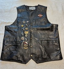 Cellini Black Leather Motorcycle Vest Size XL Harley Davidson Patches W/ 15 Pins