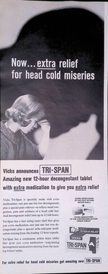 Vicks Tri-Span Medication Head Cold Miseries Vintage Print Ad 1963 LIFEDec13