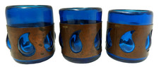 SET OF 3 FELIPE DERFLINGHER BLUE HANDBLOWN GLASS & COPPER BANDED TUMBLER CUPS