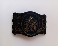 Vtg Black  Gold Zinc Alloy Belt Buckle Native American Indian Chief Design...
