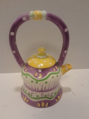 EMPRESS ARTS, LTD. MINIATURE CERAMIC TEAPOT 1999 PURPLE / YELLOW 5 3/4'' X 3 3/4''