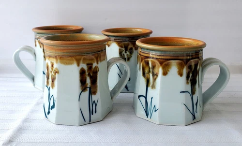 Superb Set of Four Studio Art Pottery Mugs Pale Blue - Signed