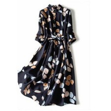 Chiffon Print Women Maxi Dress Belted 3/4 Sleeve Bohemian Swing Shirt Dress