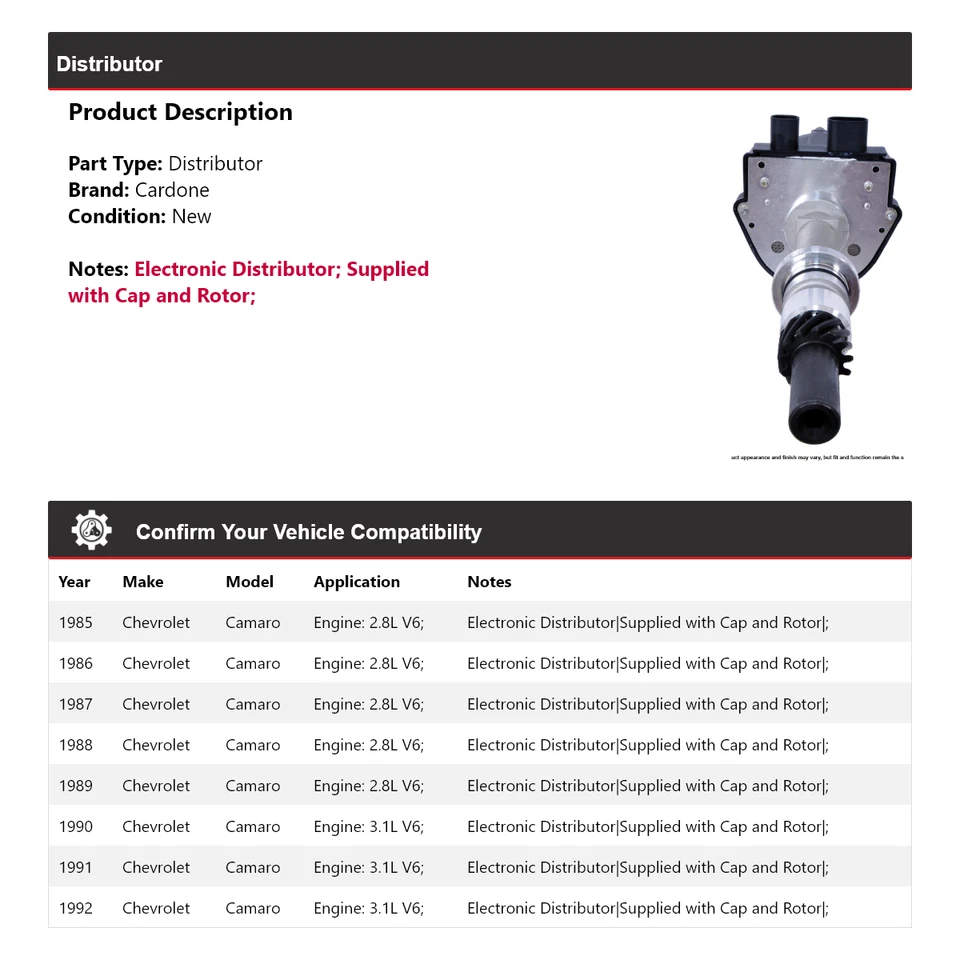 Para Chevrolet Camaro 1985-1992 Distribuidor Cardone 1986 1987 1988 1989 1990 1991 Foto 2 de 4