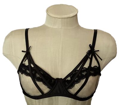 Venus NWD Blk Keyhole Peephole Underw Push-Up Strappy Bra Chiffon Cups Wom M